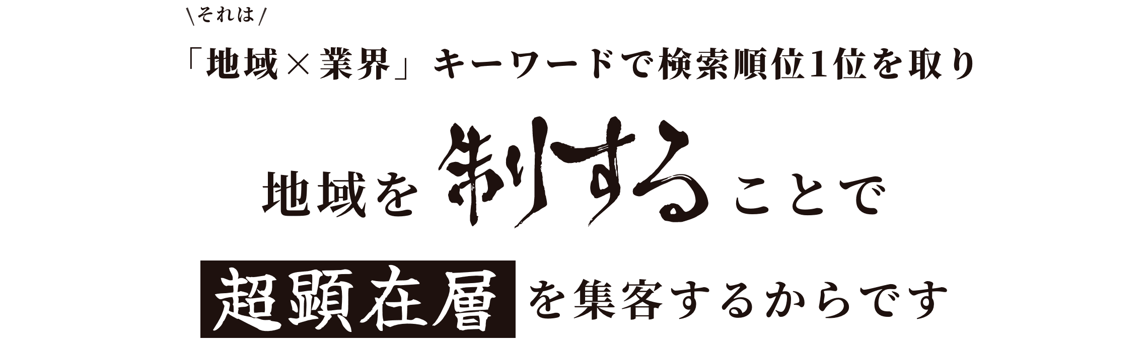 それは、「地域×業界」キーワードで検索順位1位を取り地域を制することで超顕在層を集客するからです